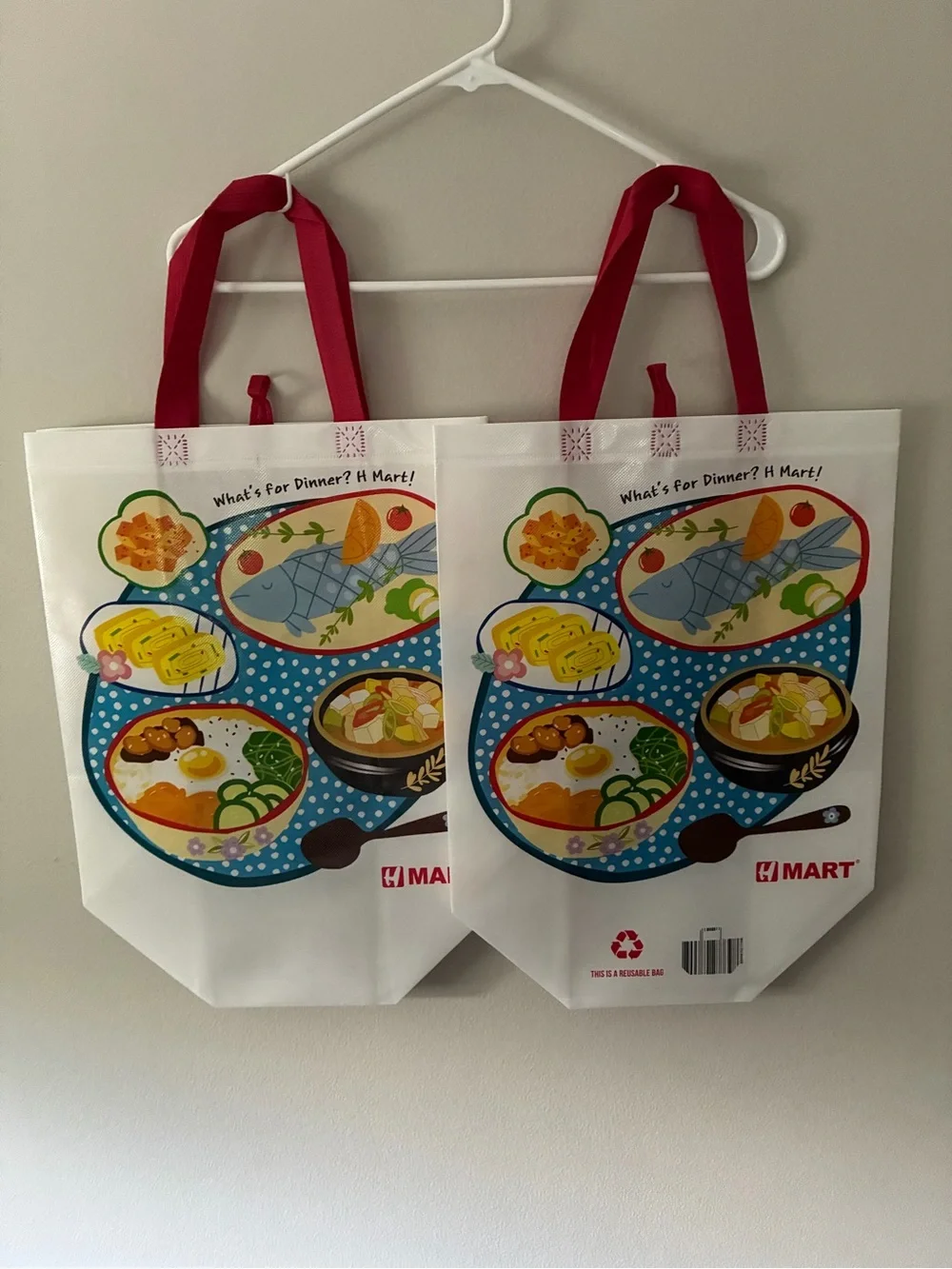 H Mart Reusable Grocery Tote Bag - White with Colorful Food Print